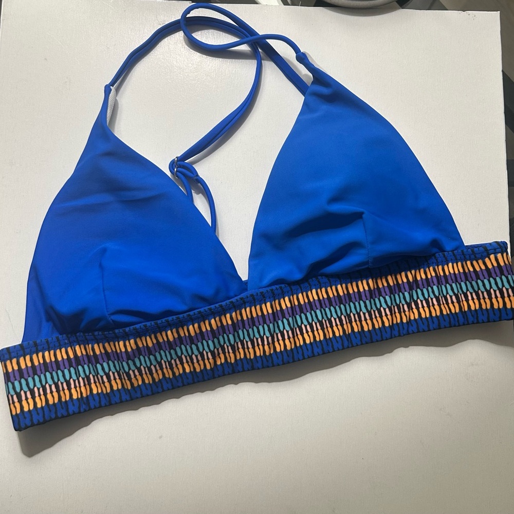 Blue Women's Triangle Bikini Top with Multicolor Smocked Band S